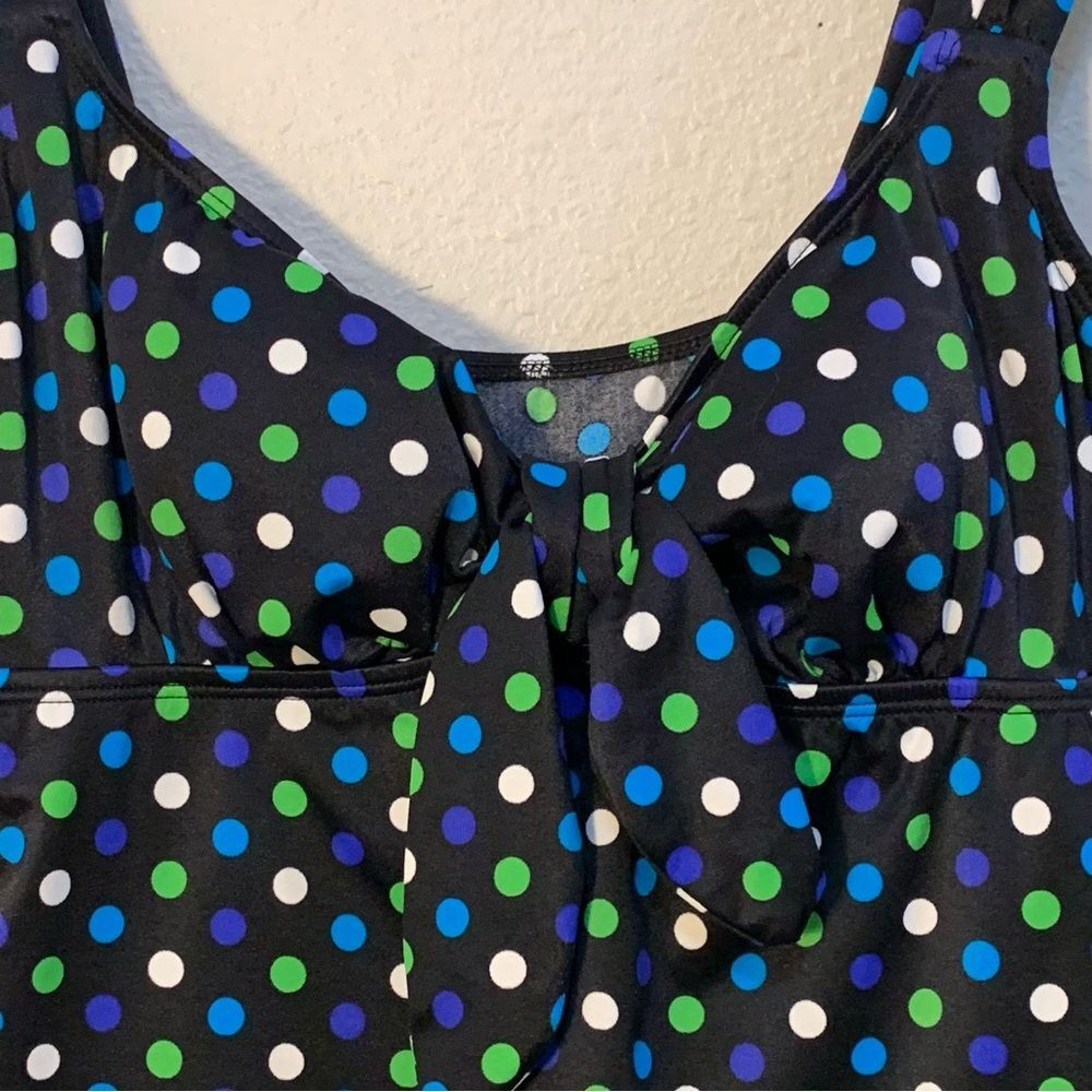 Longitude Black Polka Dot One-Piece Swimdress Blue Green White 12P Retro Pinup - Picture 3 of 12